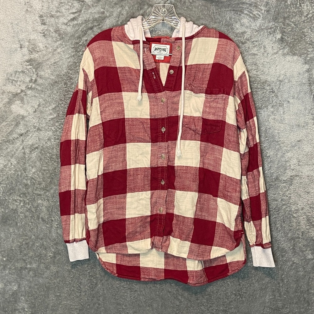 American Eagle Women Buffalo Plaid Hooded Flannel S 90s Grunge Americana Rugged